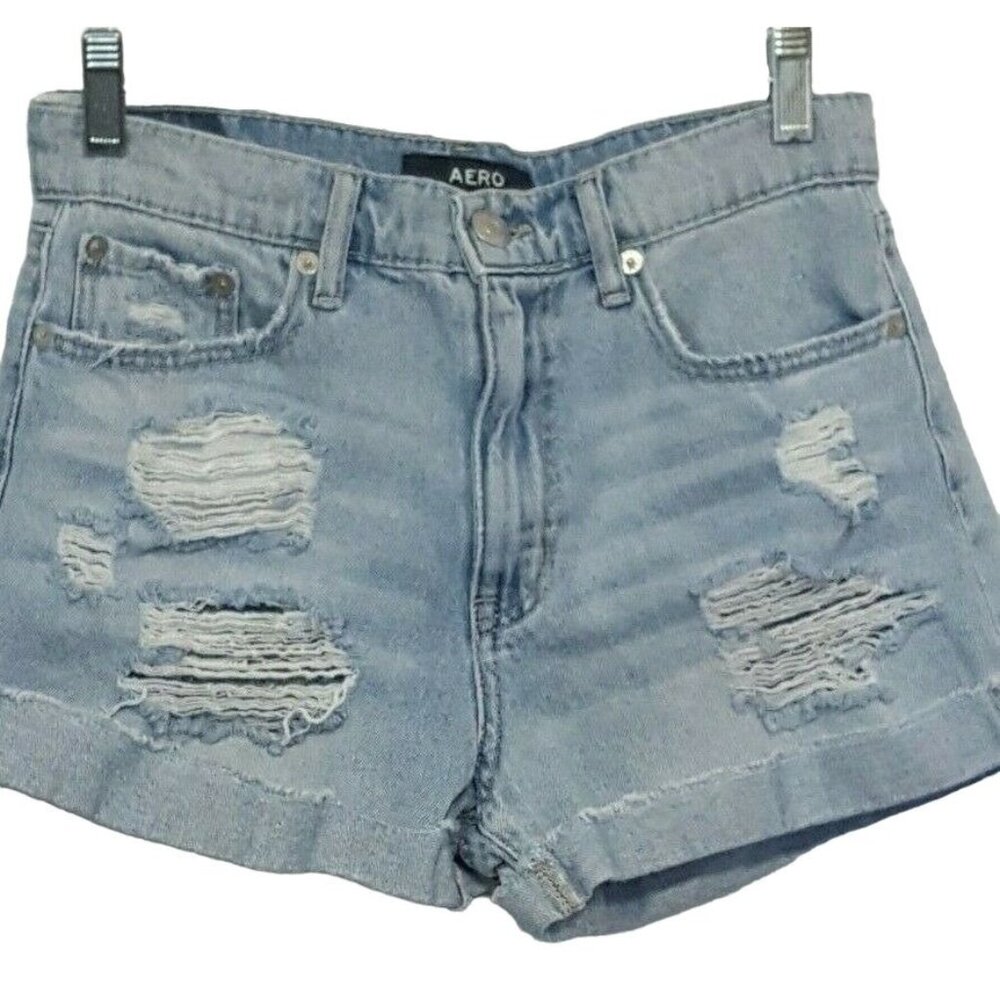 Aeropostale jean shorts Womens 6 Light Blue Ripped Holes Destroyed High‎ Rise
